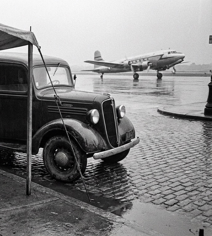 A delivery truck on wet cobblestones at the airfield, a propeller airliner taxiing behind — the founding era, dramatized