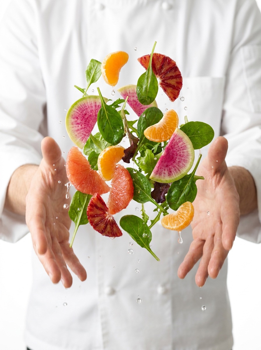 A chef's open hands with fresh citrus, watermelon radish and greens suspended mid-toss